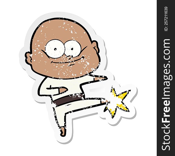 distressed sticker of a cartoon bald man karate kicking