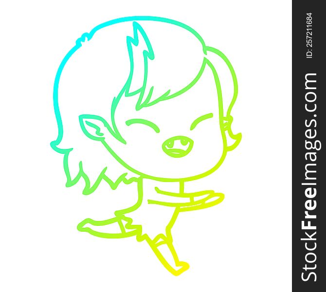 cold gradient line drawing of a cartoon laughing vampire girl running