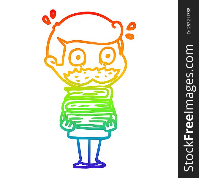 Rainbow Gradient Line Drawing Cartoon Man With Mustache And Books