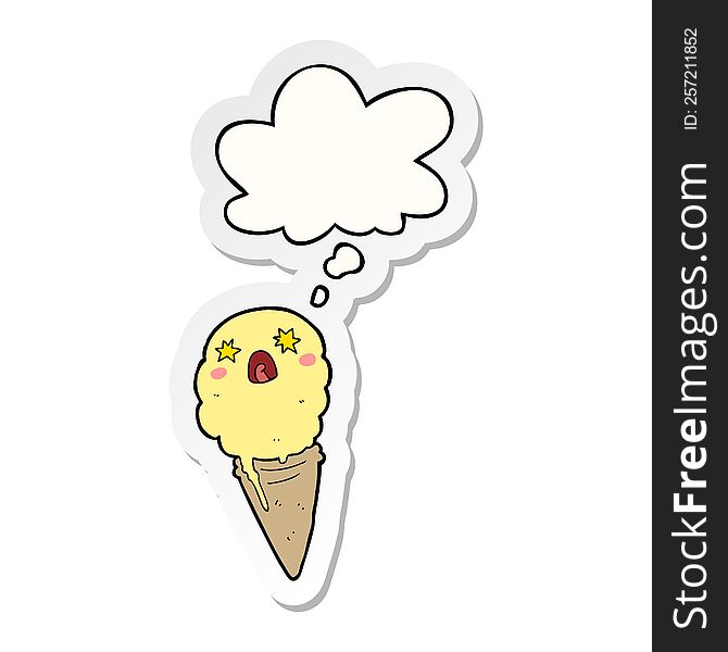 Cartoon Shocked Ice Cream And Thought Bubble As A Printed Sticker
