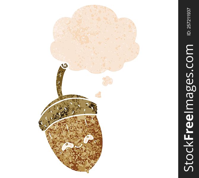 cartoon acorn with thought bubble in grunge distressed retro textured style. cartoon acorn with thought bubble in grunge distressed retro textured style