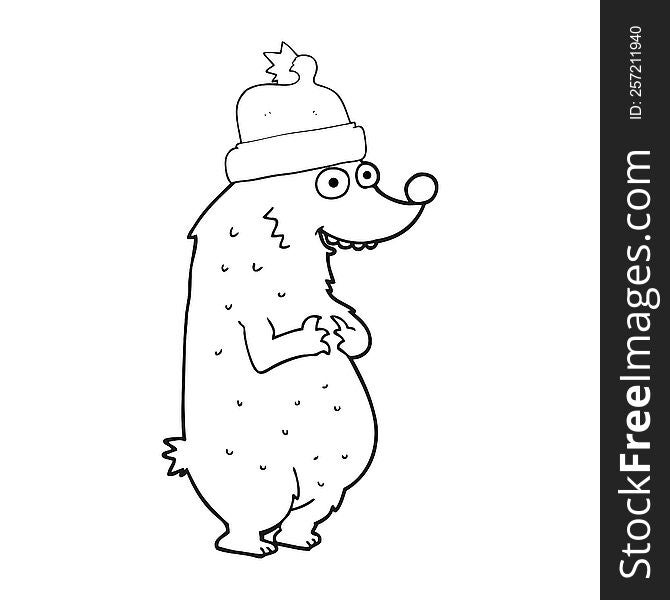 freehand drawn black and white cartoon bear wearing christmas hat