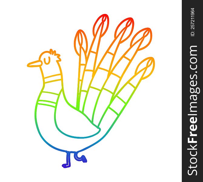 rainbow gradient line drawing of a cartoon peacock