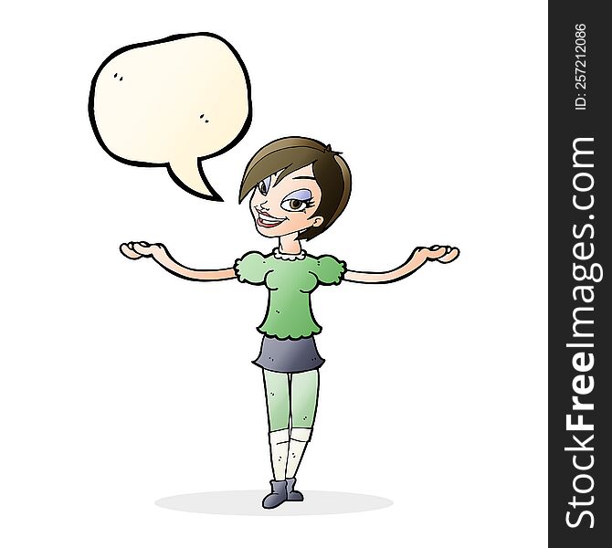 Cartoon Woman Making Open Arm Gesture With Speech Bubble