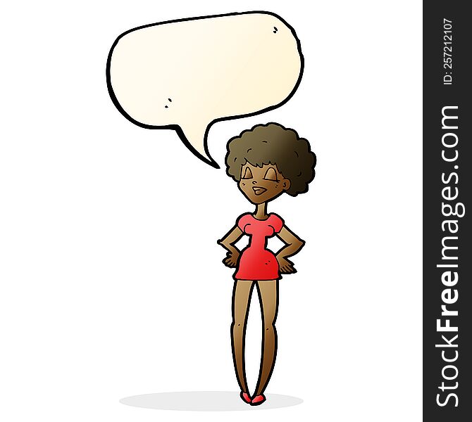 Cartoon Happy Woman With Hands On Hips With Speech Bubble