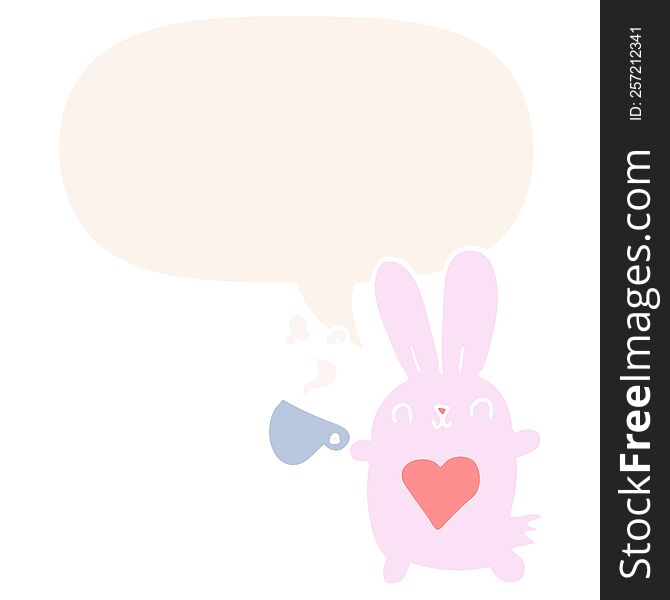 cute cartoon rabbit and love heart and coffee cup and speech bubble in retro style