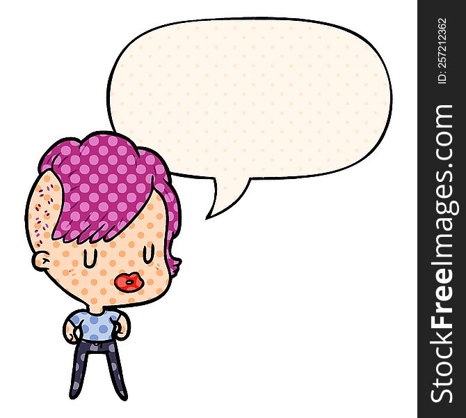 cartoon girl with punk hipster haircut with speech bubble in comic book style. cartoon girl with punk hipster haircut with speech bubble in comic book style