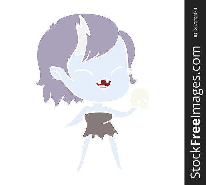 flat color style cartoon laughing vampire girl with skull