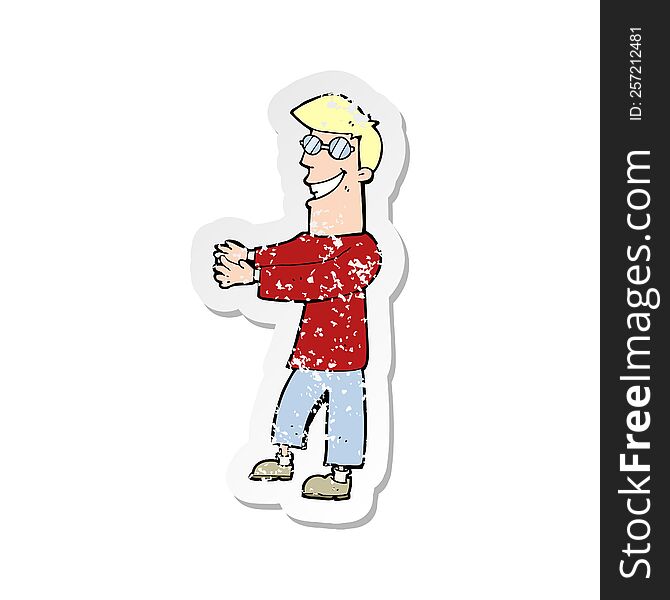 retro distressed sticker of a cartoon grinning man wearing glasses