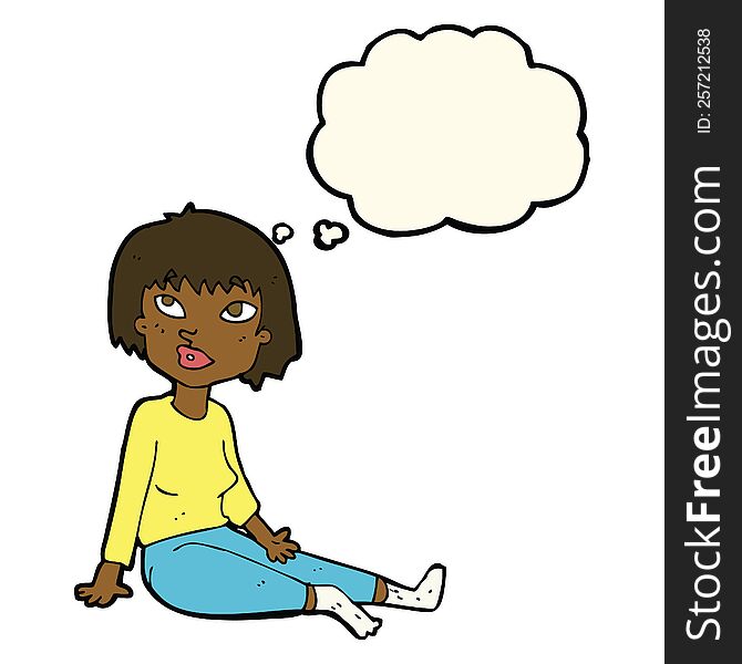 Cartoon Woman Sitting On Floor With Thought Bubble