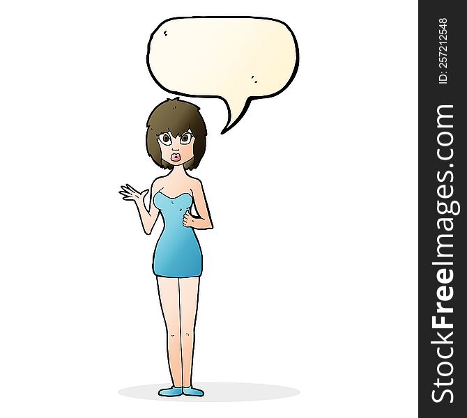 Cartoon Confused Woman In Cocktail Dress With Speech Bubble