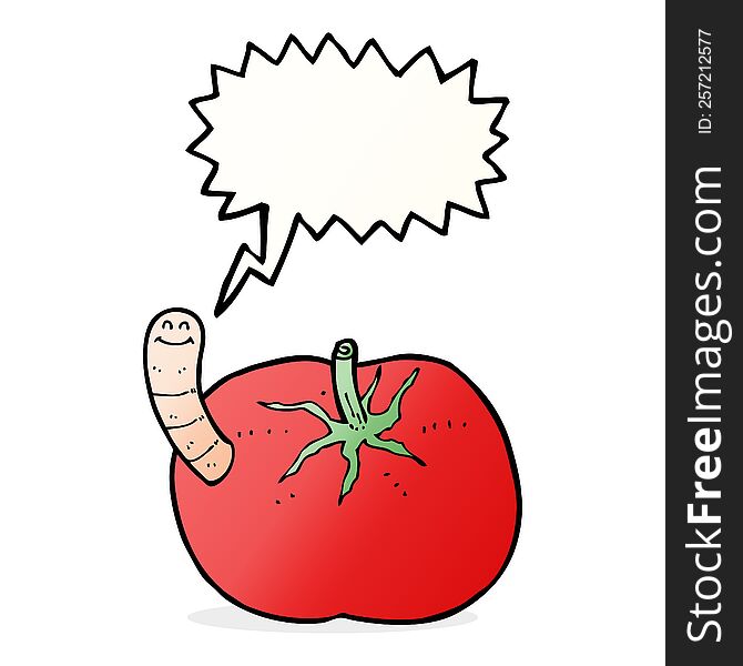 Cartoon Tomato With Worm With Speech Bubble