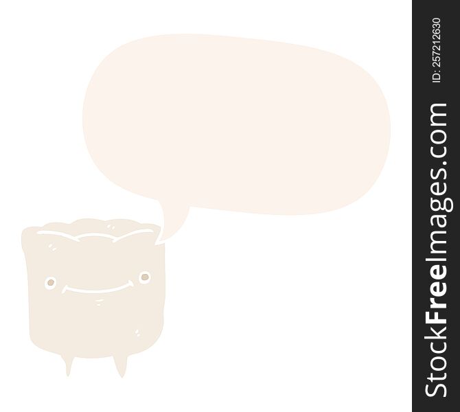 cartoon happy tooth with speech bubble in retro style