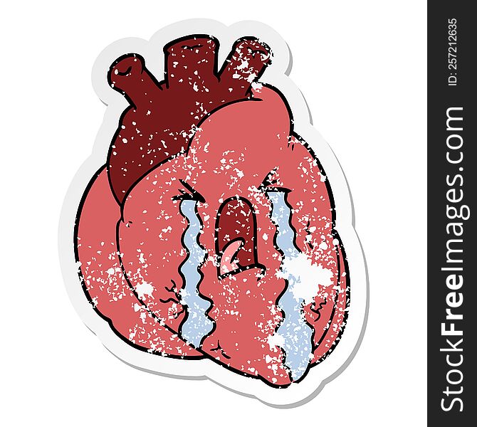 Distressed Sticker Of A Cartoon Heart Crying