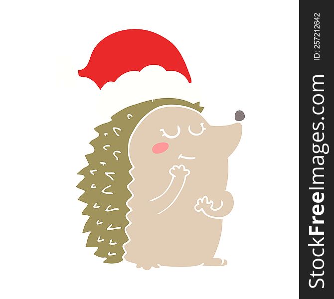 Flat Color Style Cartoon Hedgehog Wearing Christmas Hat