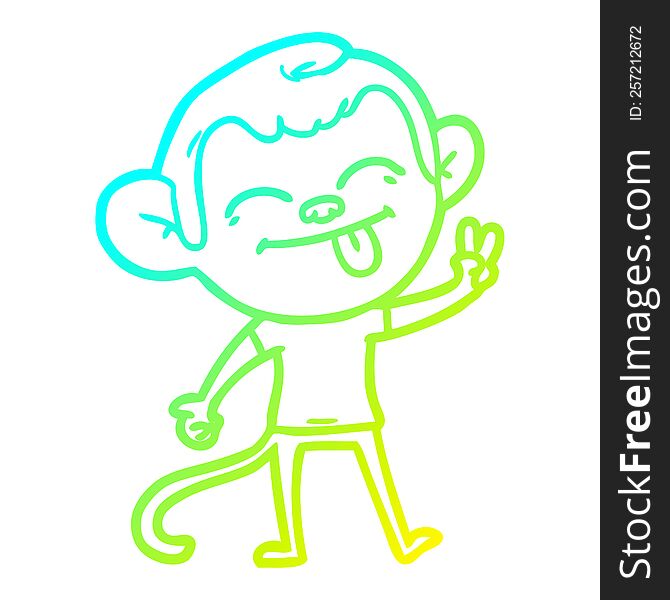 cold gradient line drawing of a funny cartoon monkey making peace sign