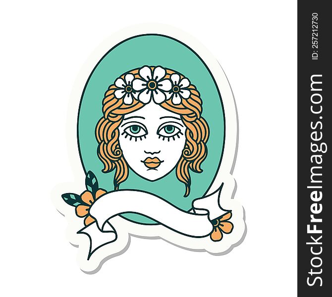 tattoo style sticker with banner of a maiden with flowers in her hair. tattoo style sticker with banner of a maiden with flowers in her hair