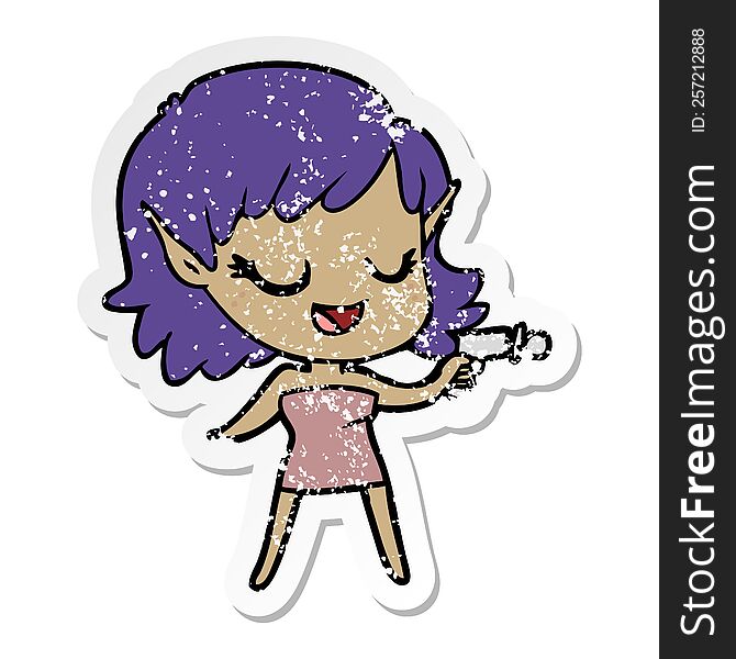 Distressed Sticker Of A Happy Cartoon Space Girl With Ray Gun