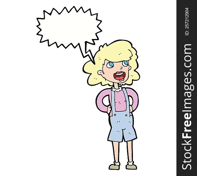 Cartoon Woman In Dungarees With Speech Bubble