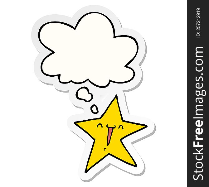 happy cartoon star with thought bubble as a printed sticker