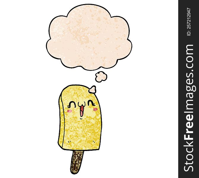 cartoon frozen ice lolly and thought bubble in grunge texture pattern style