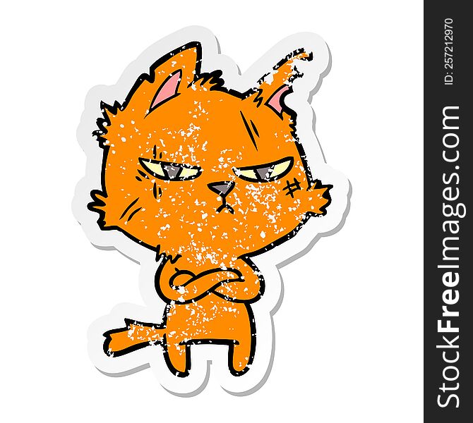 distressed sticker of a tough cartoon cat folding arms