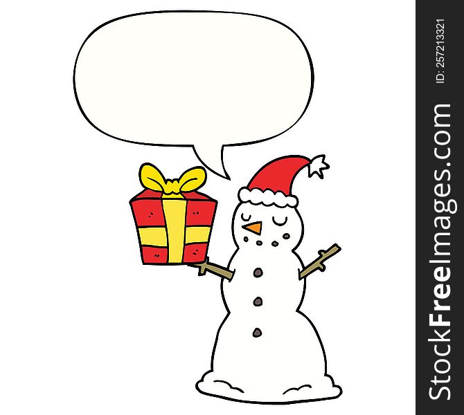 cartoon snowman with present with speech bubble. cartoon snowman with present with speech bubble