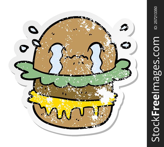 distressed sticker of a cartoon crying fast food burger