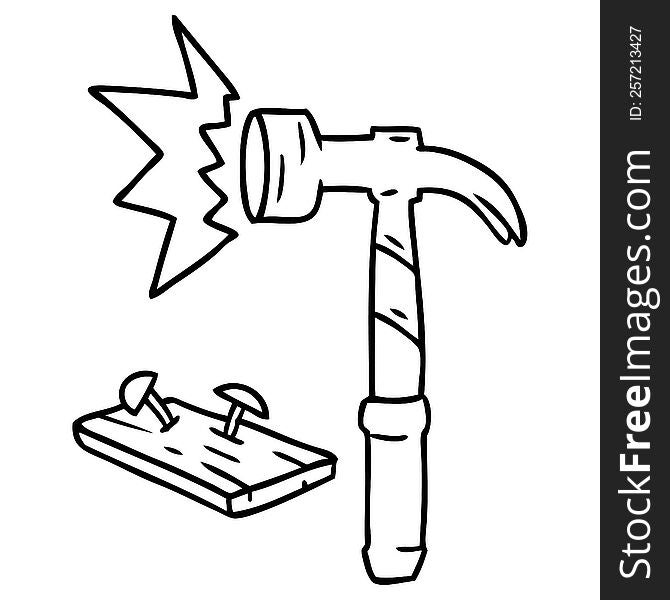 line drawing doodle of a hammer and nails