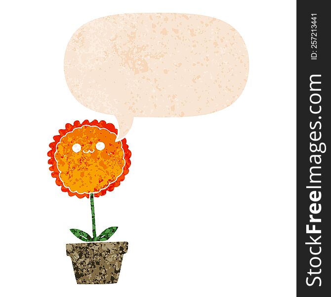 Cartoon Flower And Speech Bubble In Retro Textured Style