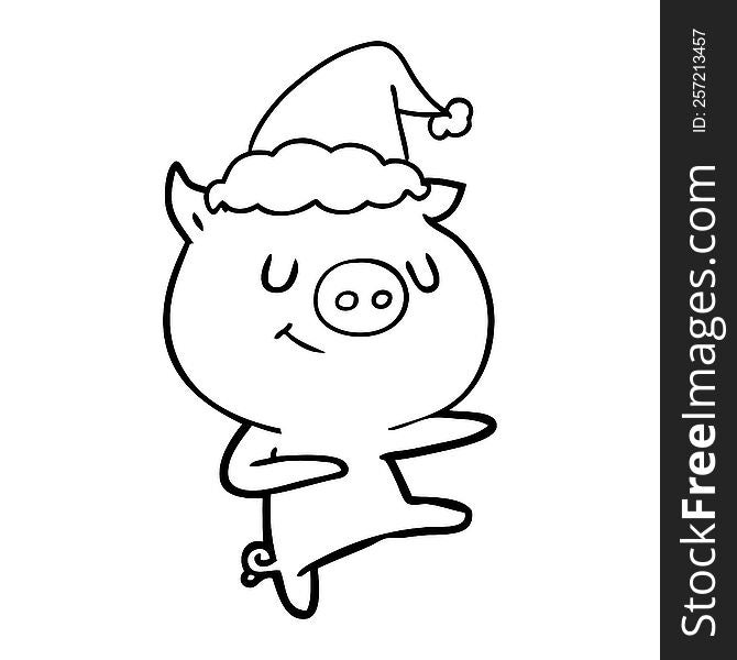 Happy Line Drawing Of A Pig Dancing Wearing Santa Hat