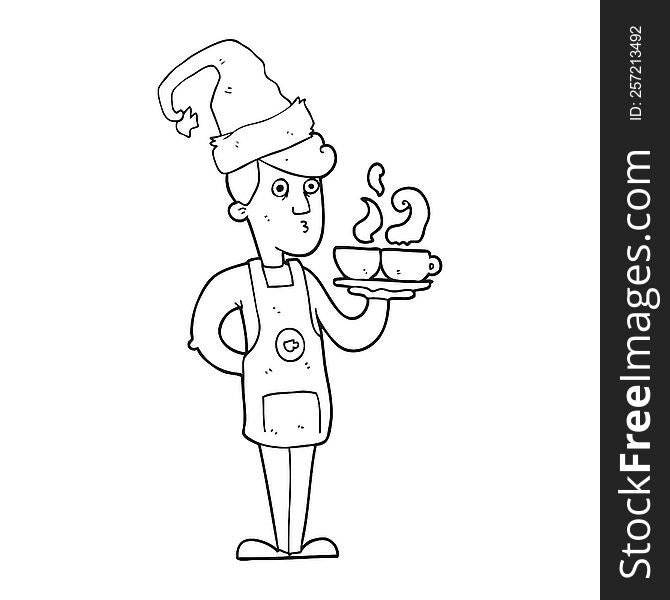 black and white cartoon barista serving coffee at christmas