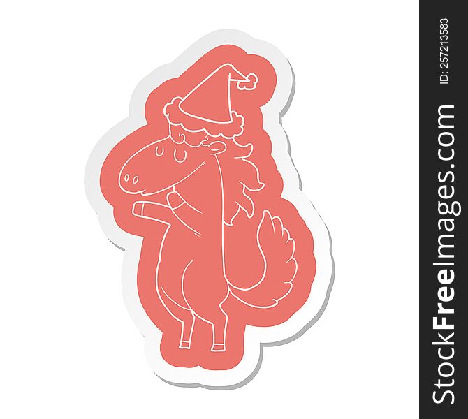 quirky cartoon  sticker of a horse wearing santa hat