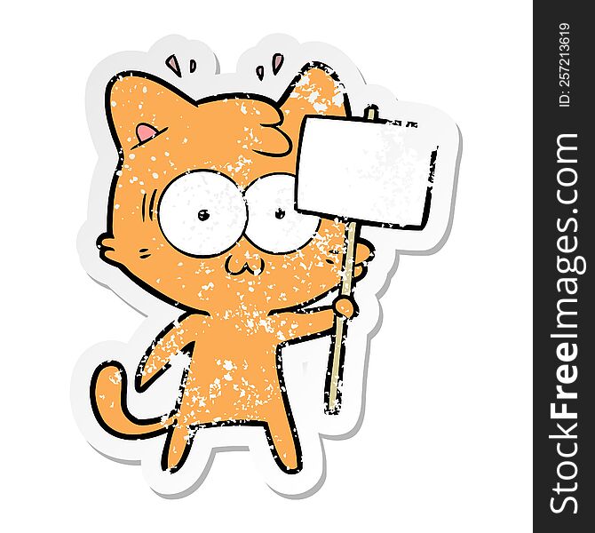 Distressed Sticker Of A Cartoon Surprised Cat Waving Sign