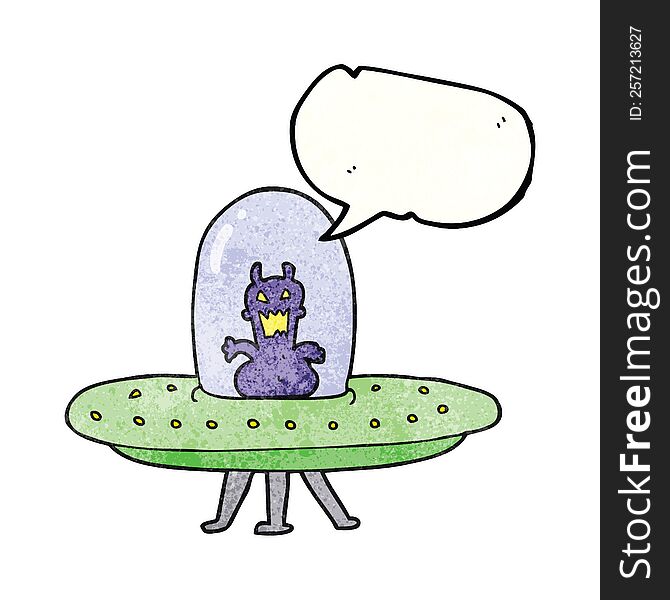 Speech Bubble Textured Cartoon Alien In Flying Saucer