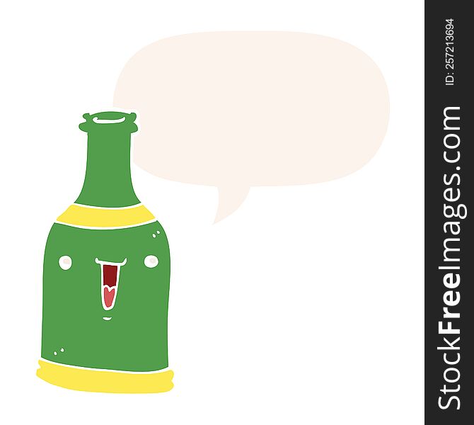 cartoon beer bottle with speech bubble in retro style