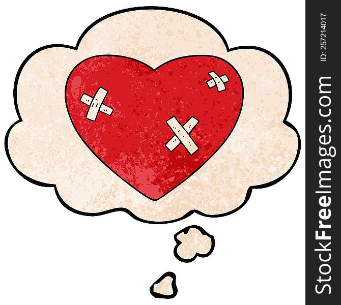 cartoon beaten up heart and thought bubble in grunge texture pattern style