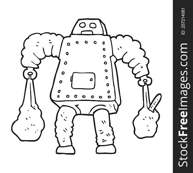 Black And White Cartoon Robot Carrying Shopping