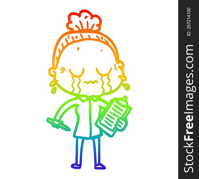 Rainbow Gradient Line Drawing Cartoon Crying Old Lady