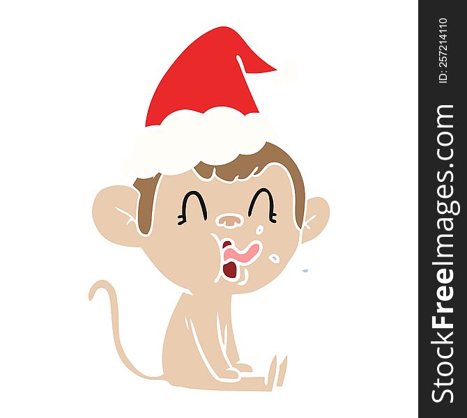 Crazy Flat Color Illustration Of A Monkey Sitting Wearing Santa Hat