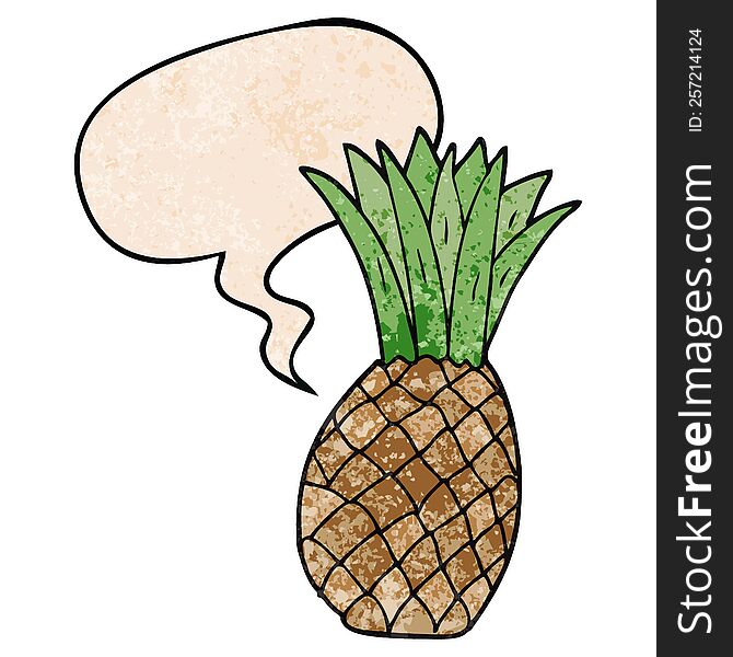 cartoon pineapple with speech bubble in retro texture style