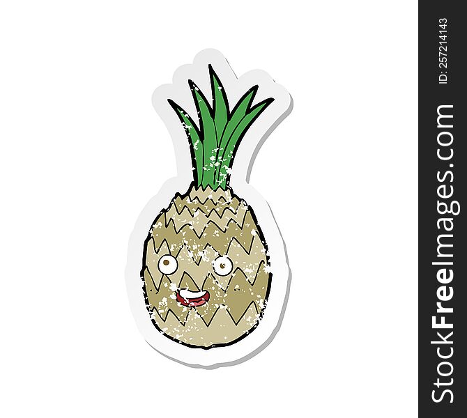 retro distressed sticker of a cartoon happy pineapple