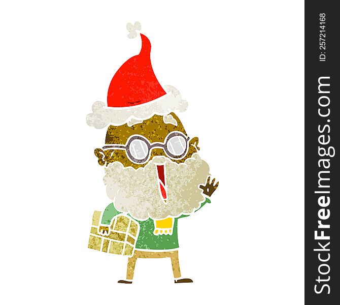 Retro Cartoon Of A Joyful Man With Beard And Parcel Under Arm Wearing Santa Hat