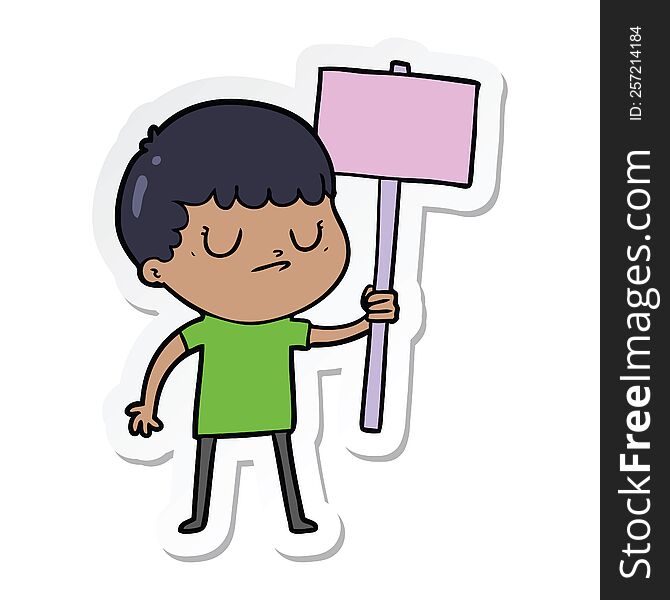 sticker of a cartoon grumpy boy with placard