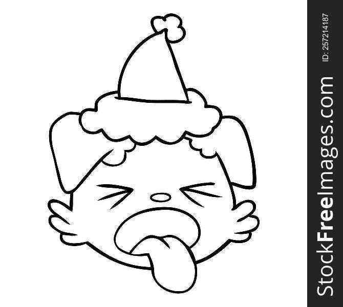 hand drawn line drawing of a dog face wearing santa hat