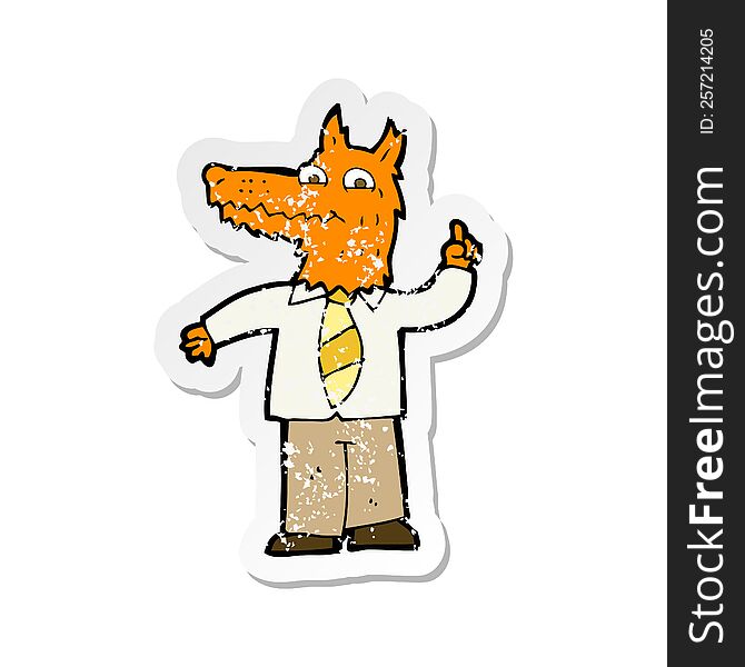 Retro Distressed Sticker Of A Cartoon Business Fox With Idea