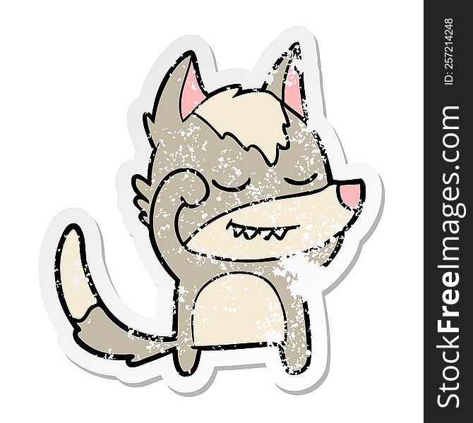 distressed sticker of a tired cartoon wolf