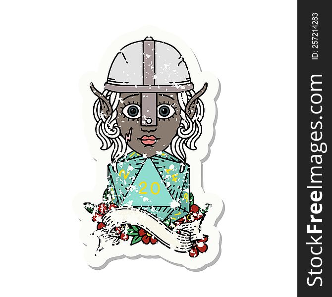 grunge sticker of a elf fighter character with natural twenty dice roll. grunge sticker of a elf fighter character with natural twenty dice roll