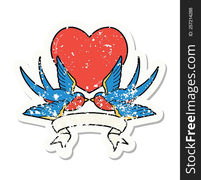 Grunge Sticker With Banner Of A Swallows And A Heart