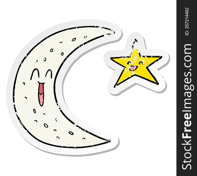 distressed sticker of a happy cartoon moon and star
